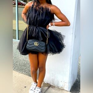 Black Tulle Mini Dress w/ clear straps. Sz Small.